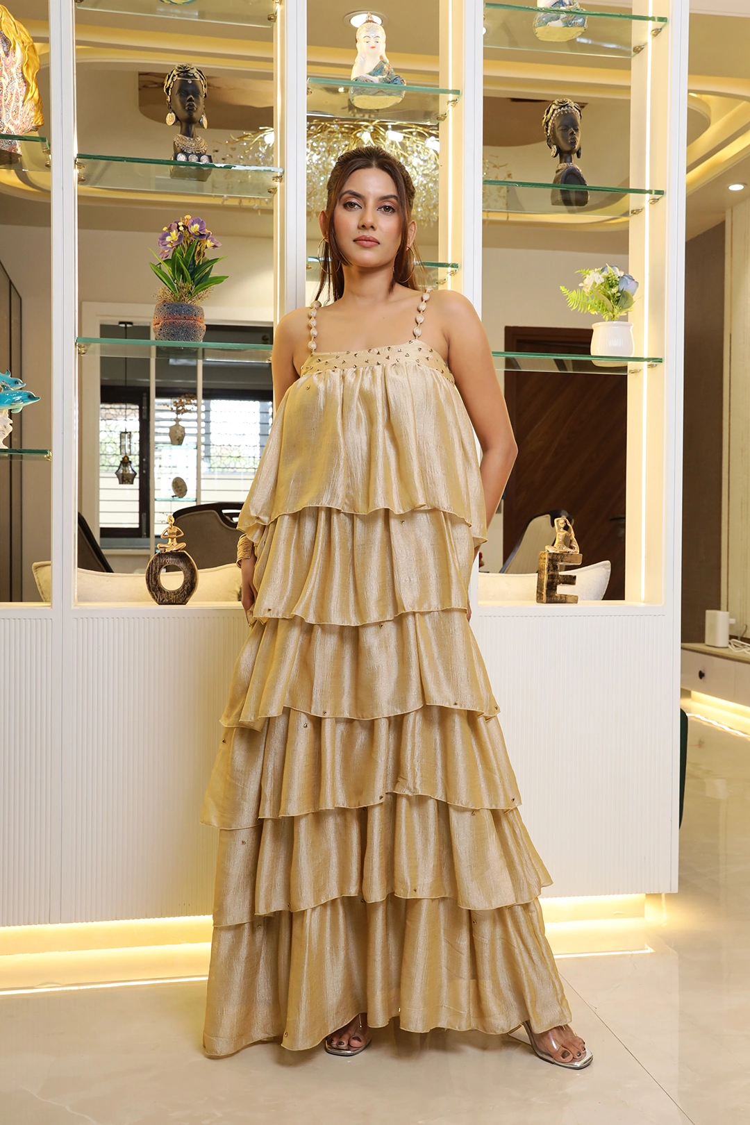 Beige V Silk Ruffle Dress Layered One Piece With Zari Thread Strap and Bead Work